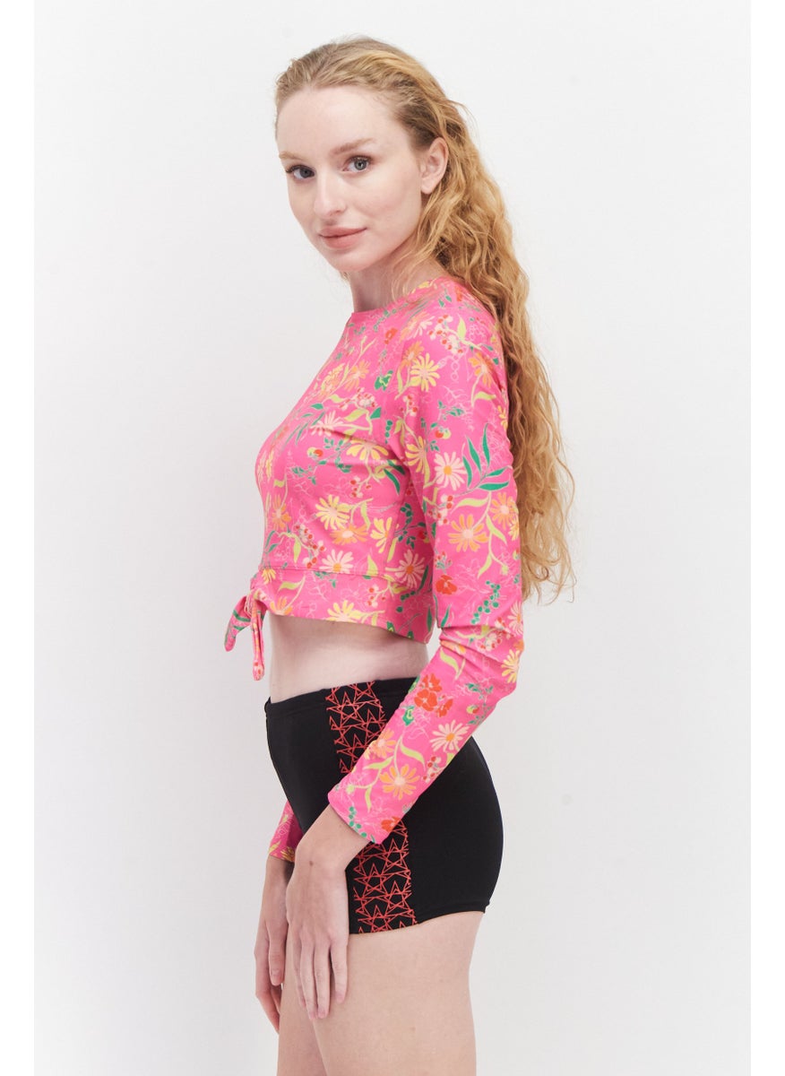 Women Floral Print Rash Guard Swimwear, Pink Combo