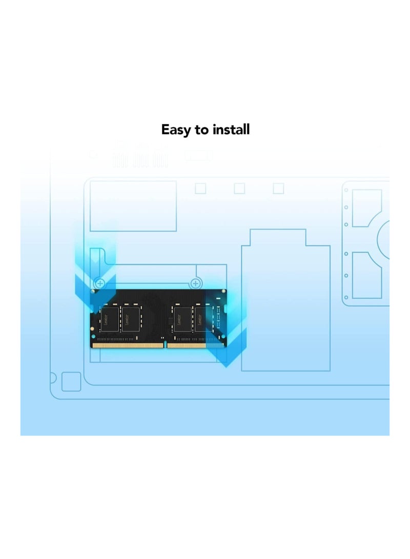 Lexar®DDR4 8GB 260 PIN So-DIMM 3200Mbps, CL22, 1.2V- 3200/2666 SODIMM Laptop Memory, 260 Pin 69.6 mm x 30 mm 69.6 mm x 30 mm 69.6 mm x 30 mmmm Black