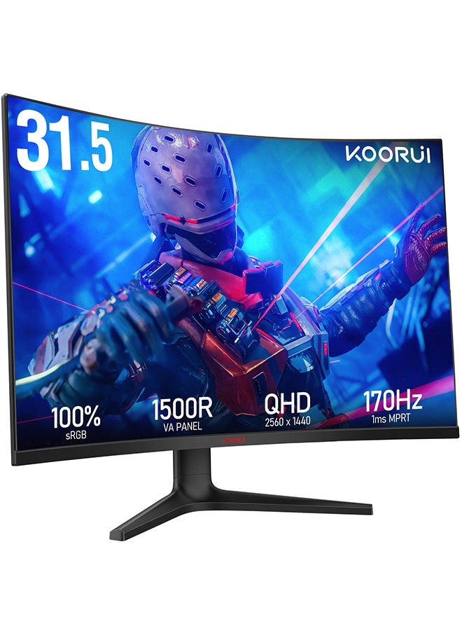 31.5-Inch Curved Gaming Monitor 1500R QHD 2560 x 1440, Up to 170Hz Refresh Rate, 1ms Response Time, sRGB 100% Color Gamut, DCI-P3 90%, 3000: 1 Static Contrast, 16.7 Maximum Color, HDR10, Audio Interface, Tilt Adjustable, DisplayPort and HDMI, VESA Compatible, Eye Protection, Crosshair, Timer, Free-sync, G-sync Compatible | 32E6QC