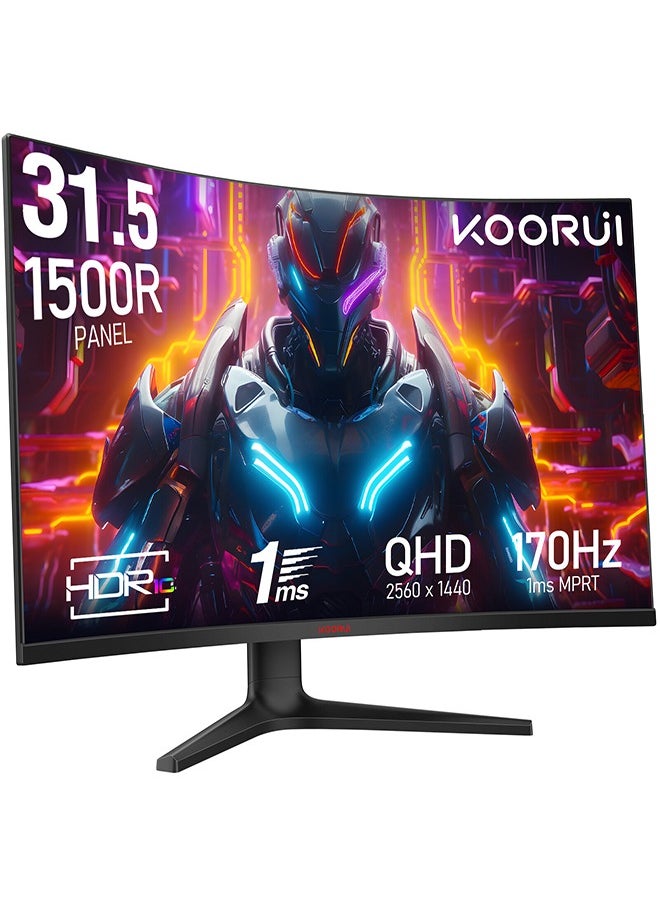 31.5-Inch Curved Gaming Monitor 1500R QHD 2560 x 1440, Up to 170Hz Refresh Rate, 1ms Response Time, sRGB 100% Color Gamut, DCI-P3 90%, 3000: 1 Static Contrast, 16.7 Maximum Color, HDR10, Audio Interface, Tilt Adjustable, DisplayPort and HDMI, VESA Compatible, Eye Protection, Crosshair, Timer, Free-sync, G-sync Compatible | 32E6QC