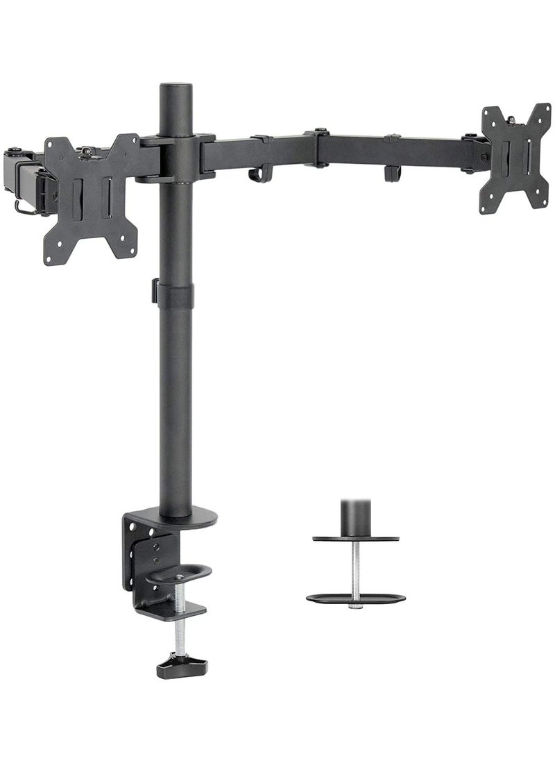 Dual LCD LED Monitor Desk Mount Stand with C-clamp | Double Monitor Desk Stand | Heavy Duty Fully Adjustable Arms Hold Two (2) Screens up to 27