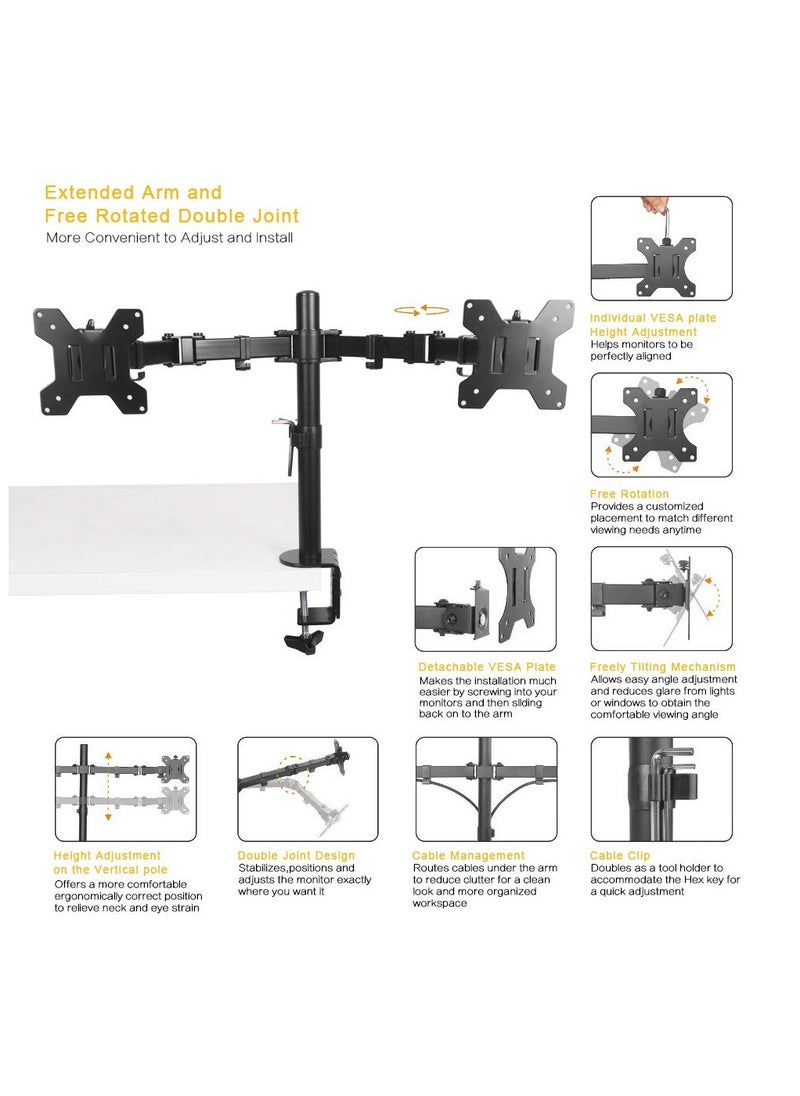 Dual LCD LED Monitor Desk Mount Stand with C-clamp | Double Monitor Desk Stand | Heavy Duty Fully Adjustable Arms Hold Two (2) Screens up to 27