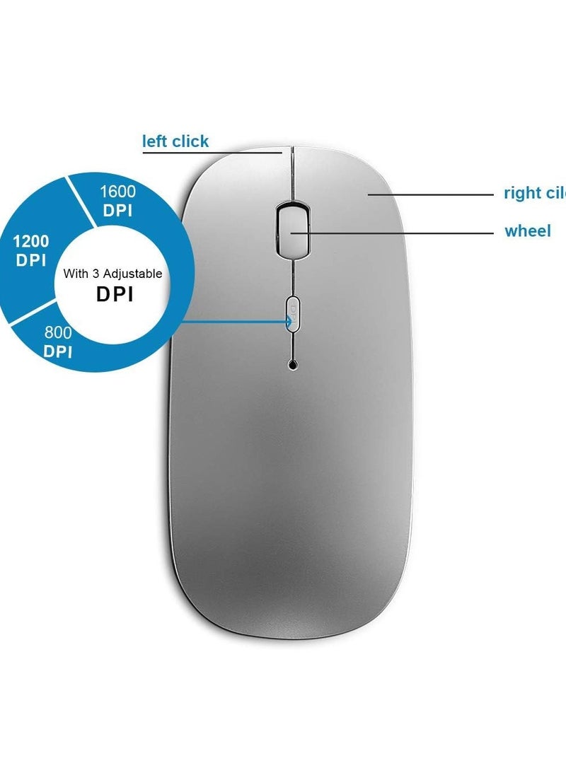 Bluetooth Mouse, Rechargable Quiet Slim Wireless Mice Suitable for Mac/Laptop/iPad/iPhone/Android/PC, without Extra USB Receiver, with OS/Windows/Linux/Tablet/MacBook Pro/MacBook Air, Silver