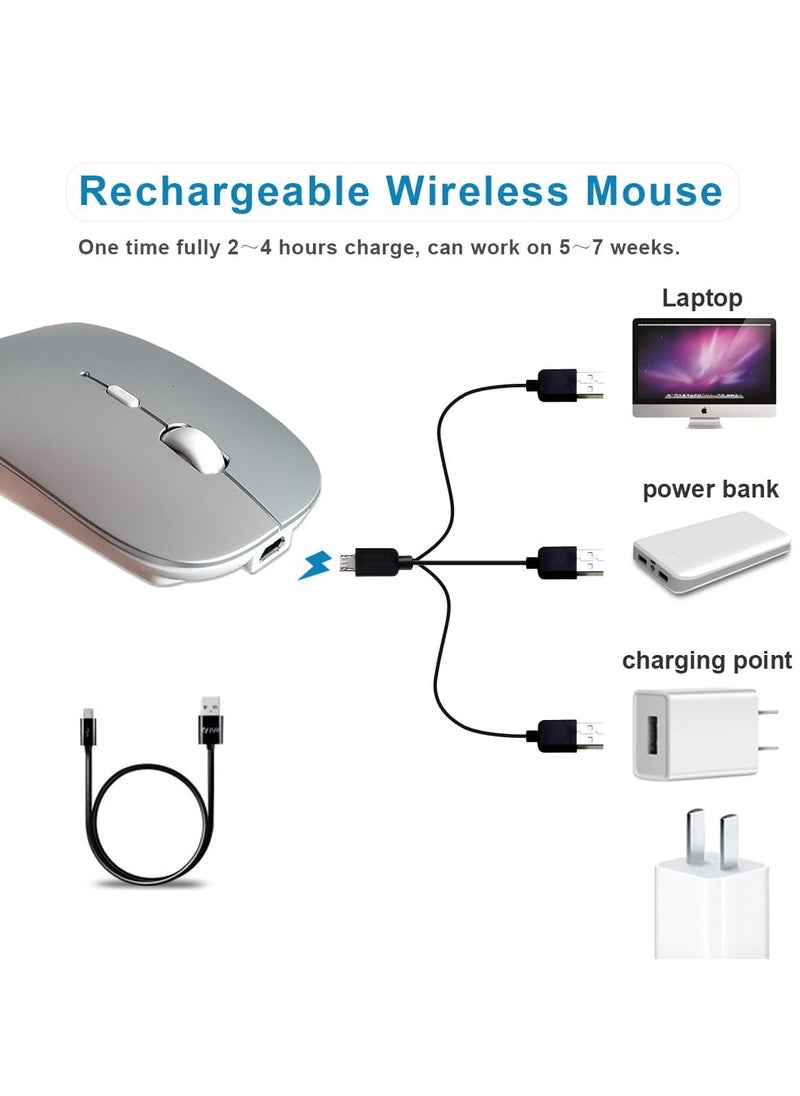 Bluetooth Mouse, Rechargable Quiet Slim Wireless Mice Suitable for Mac/Laptop/iPad/iPhone/Android/PC, without Extra USB Receiver, with OS/Windows/Linux/Tablet/MacBook Pro/MacBook Air, Silver