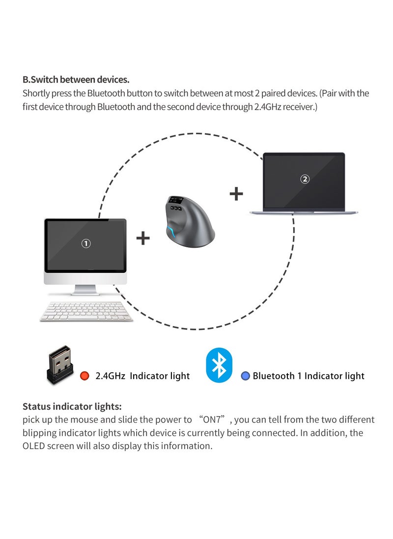 F26C Bluetooth Vertical Mouse, Wireless Ergonomic Mice, with OLED Screen RGB USB Optical, Rechargeable Mouse, for PC Laptop Gaming
