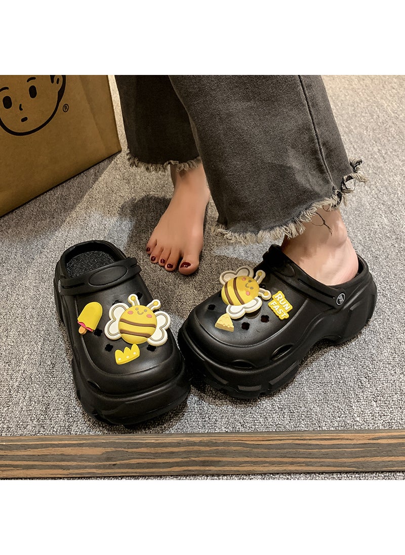 Cute Honeybee DIY Platform Clogs EVA Slip-Resistant Dual-Wear SlippersBlack Ice Cream Bee Black Ice Cream Bee