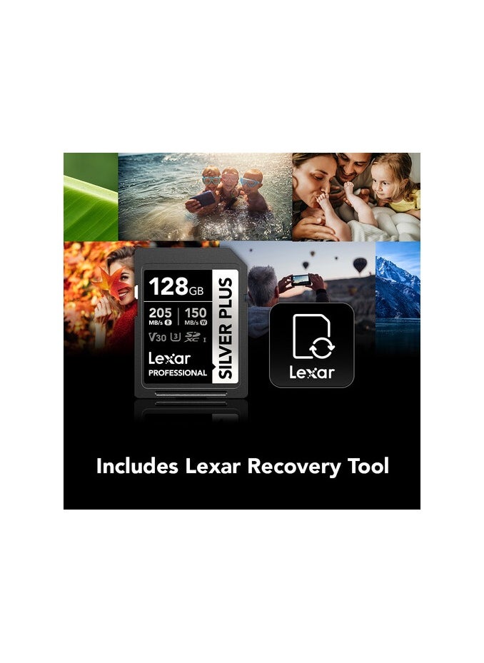 LEXAR PROFESSIONAL 128GB SILVER PLUS SDXC™ UHS-I CARDS, UP TO 205MB/S READ 150MB/S WRITE C10 V30 U3