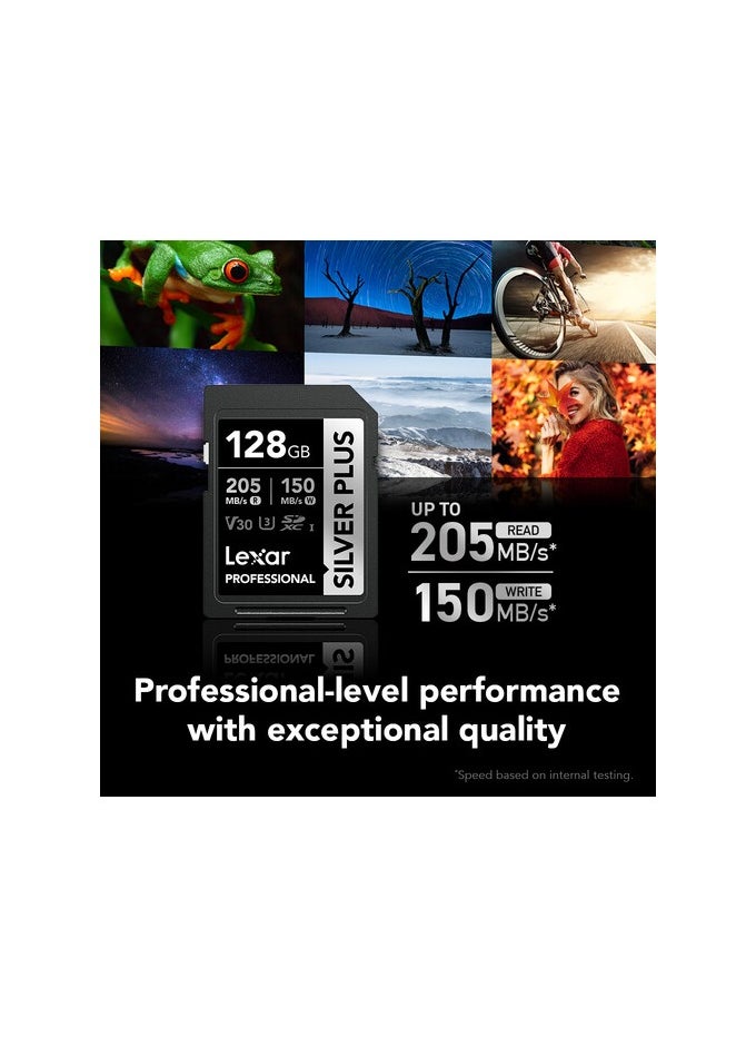 LEXAR PROFESSIONAL 128GB SILVER PLUS SDXC™ UHS-I CARDS, UP TO 205MB/S READ 150MB/S WRITE C10 V30 U3