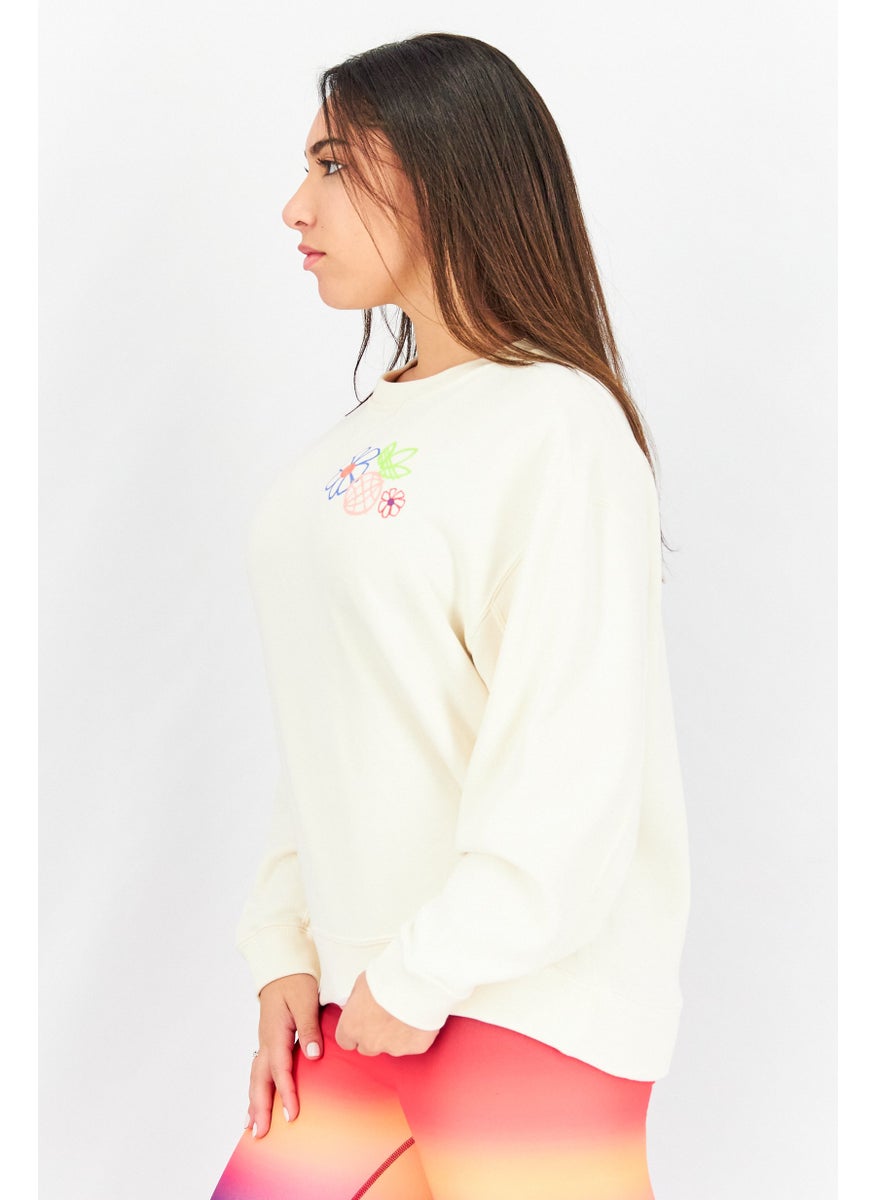 Women Sportswear Fit Printed Long Sleeve Sweatshirt, Light Beige