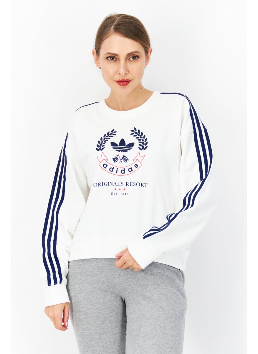 Women Sportswear Fit Brand Logo Training Sweatshirts, White/Navy