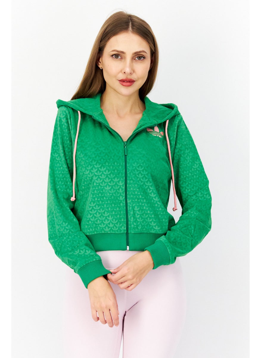 Women Sportswear Fit Hooded Outdoor Sweatshirt, Green Combo