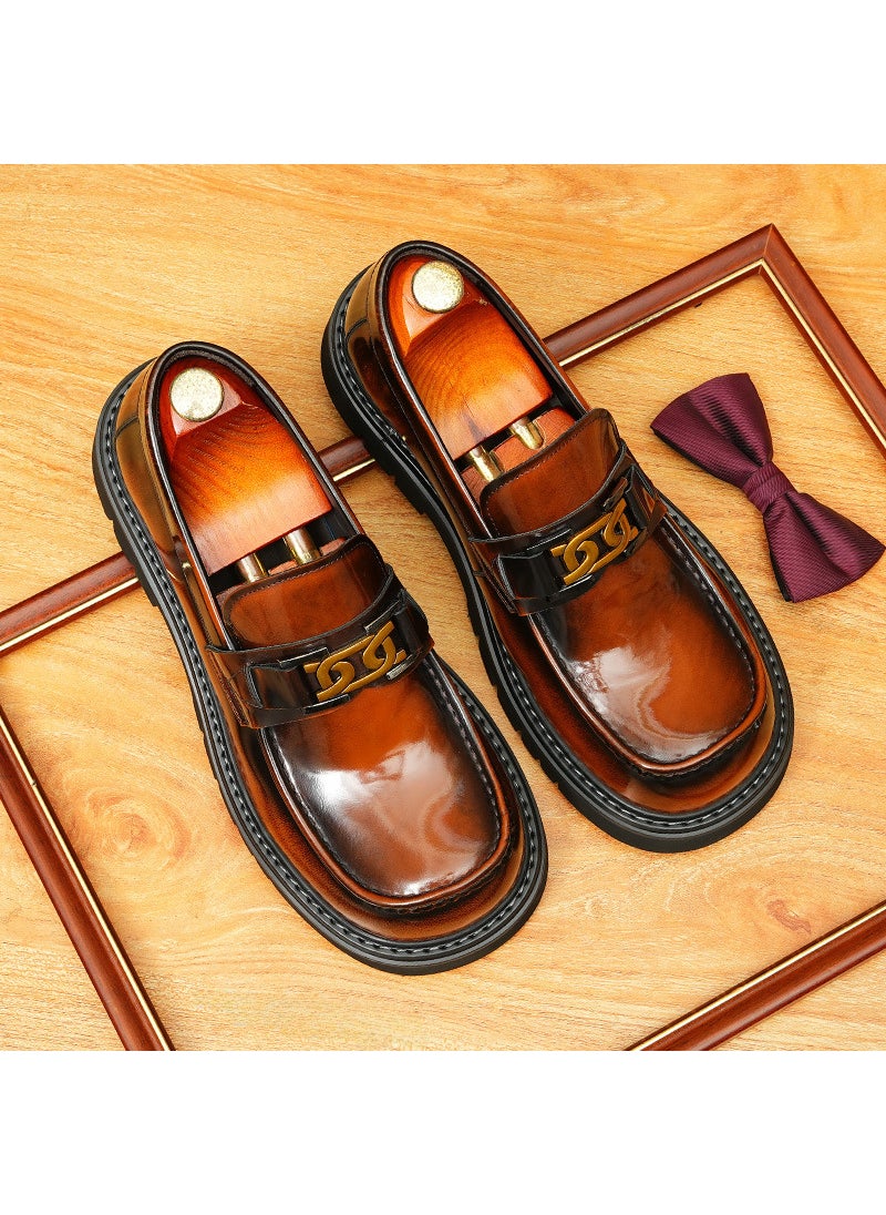 Mens Leather Elevator Dress Shoes with Square Toe Brown