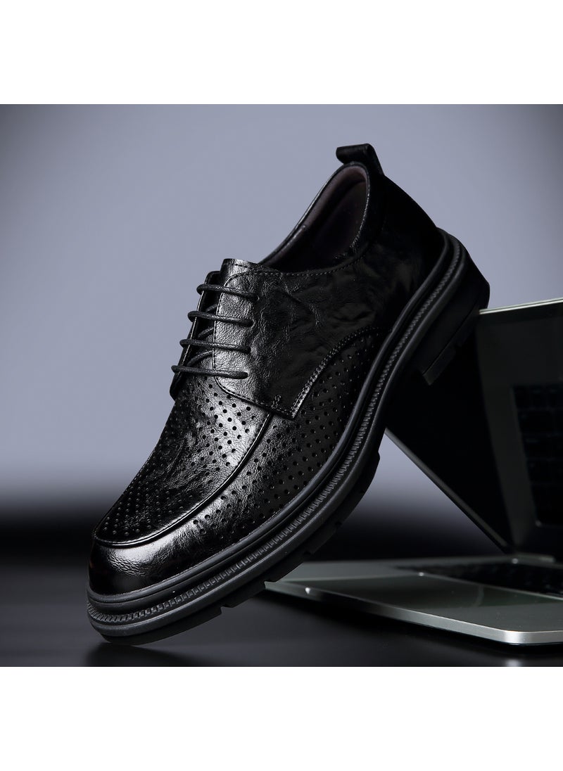 Mens Leather Shoes Summer Breathable Business Dress Leather Shoes Office Commuter Lace-up Hollow British Casual Leather Shoes Mens Trendyblack hollow black hollow