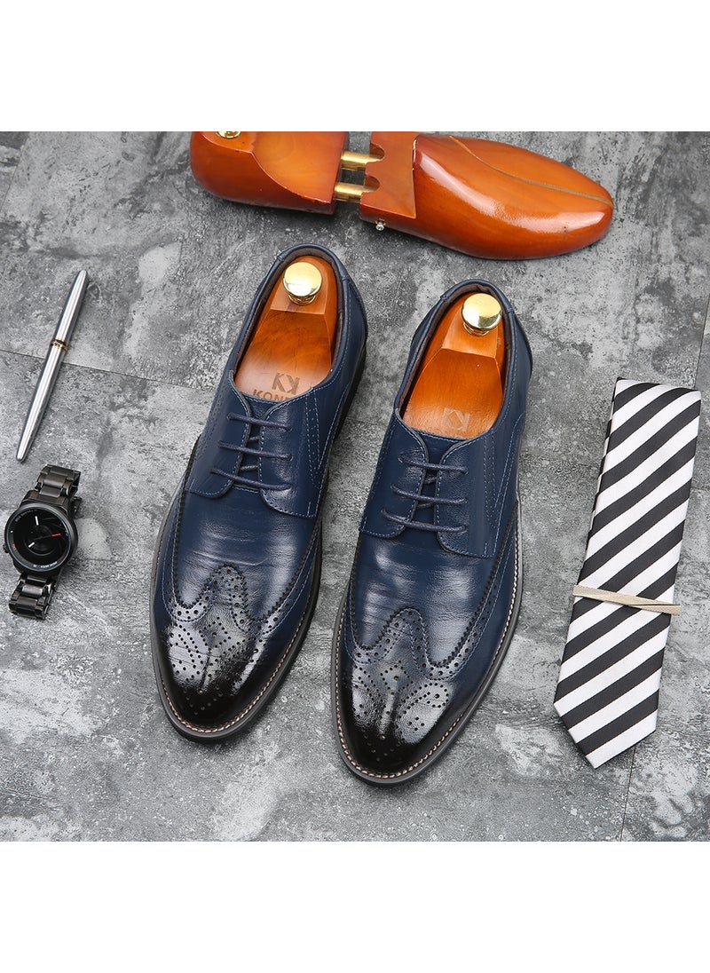 New Mens Business Leather Shoes Formal Large Size Shoes Fashion Pointed Lace-up Foreign Trade Mens Shoes Can Be Made in European SizeBlue Blue