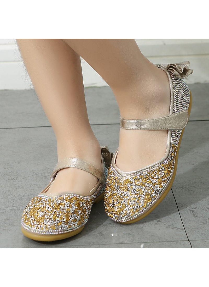 Girls Elsa Princess Shoes Sparkle Dance Leather Gold