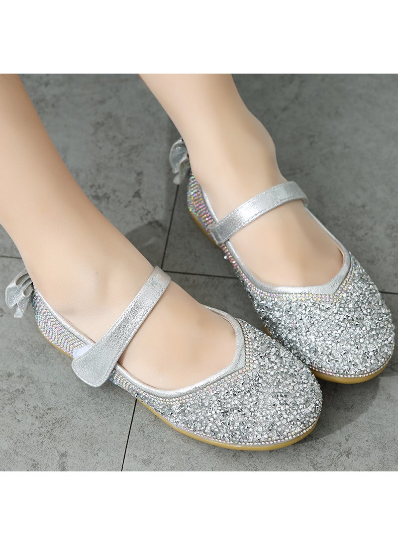 Girls Elsa Princess Shoes Sparkle Dance Leather Silver