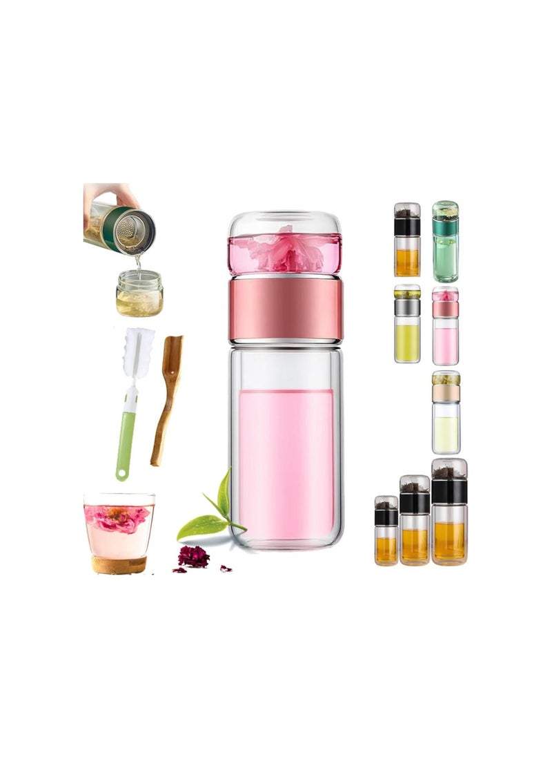 Infusifie Tea Infuser, Double-Layered Glass Tea Infuser Bottle, Tea Steeper for Loose Leaf Tea, Portable Tea Water Separation Tea Cup, Glass Tea Cup with Infuser and Lid (Rose gold, 280ml)