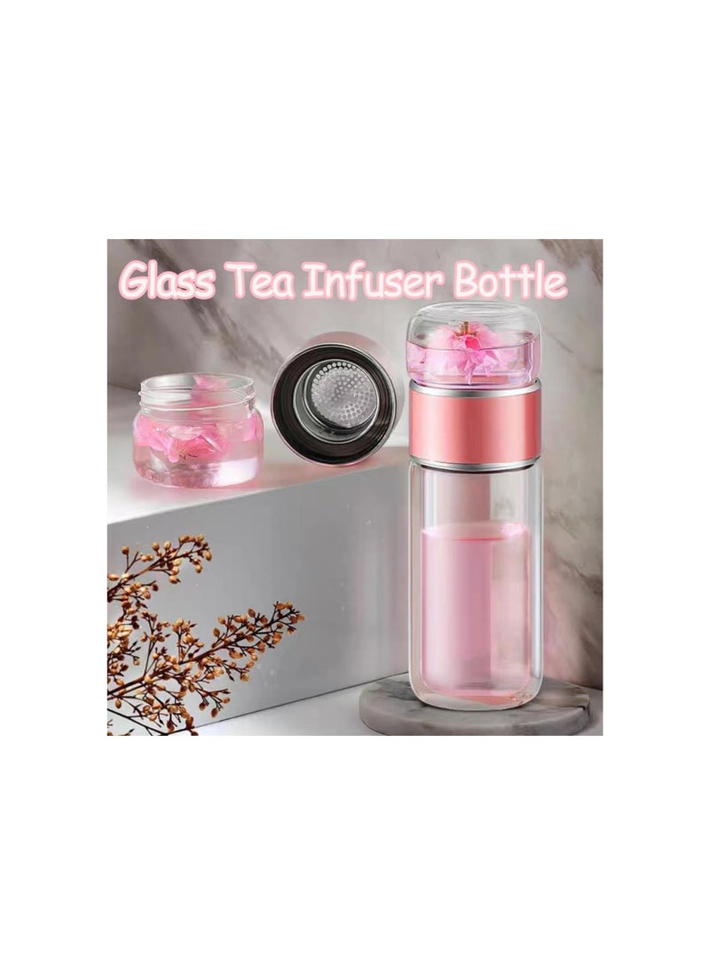 Infusifie Tea Infuser, Double-Layered Glass Tea Infuser Bottle, Tea Steeper for Loose Leaf Tea, Portable Tea Water Separation Tea Cup, Glass Tea Cup with Infuser and Lid (Rose gold, 280ml)