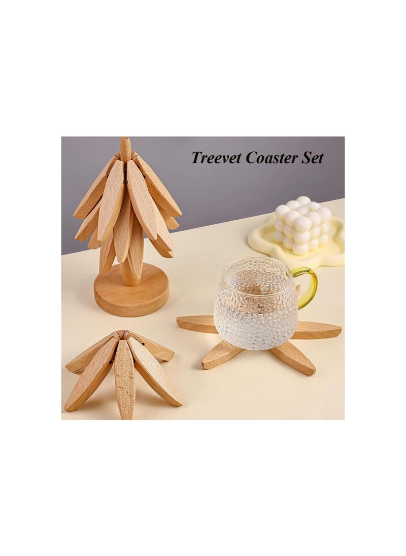 Treevet Coaster Set, Wooden Tree Coasters, Anti-Scalding Tree Shape Trivets for Hot Pots and Pans, Non Slip Foldable Wood Coaster, Wood Table Mat for Hot Dishes (2Pcs Wood Color)