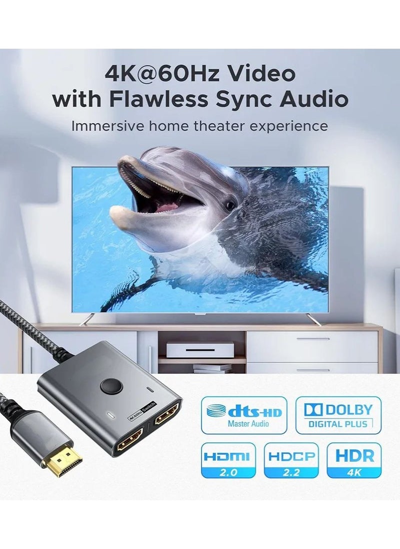 Switch 4K 60Hz 2K 144Hz Bidirectional HDMI Switcher [Aluminium Case Nylon Braided] HDMI Splitter 2 in 1 out (ONLY 1 Monitor) Compatible with TV stick Xbox PS5/4 PC.