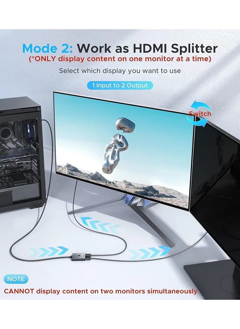 Switch 4K 60Hz 2K 144Hz Bidirectional HDMI Switcher [Aluminium Case Nylon Braided] HDMI Splitter 2 in 1 out (ONLY 1 Monitor) Compatible with TV stick Xbox PS5/4 PC.