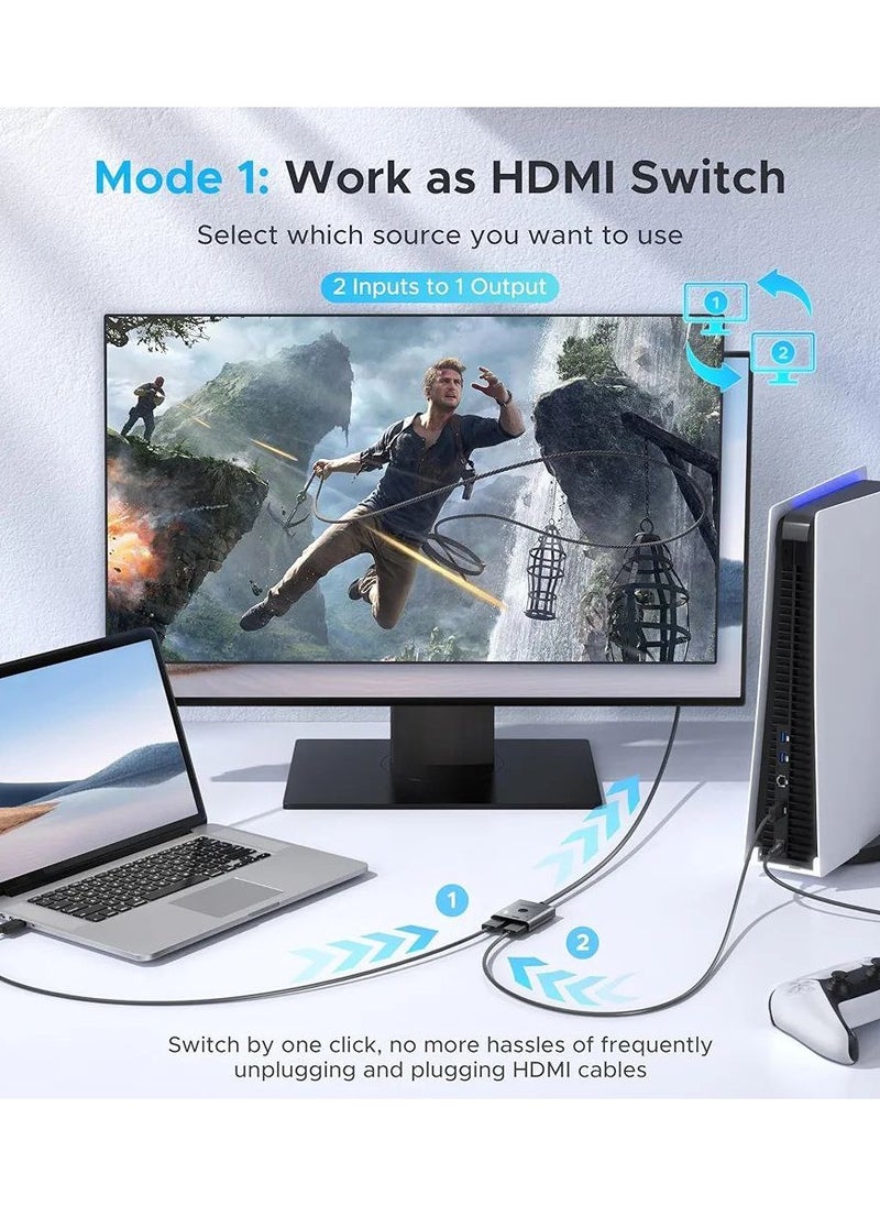 Switch 4K 60Hz 2K 144Hz Bidirectional HDMI Switcher [Aluminium Case Nylon Braided] HDMI Splitter 2 in 1 out (ONLY 1 Monitor) Compatible with TV stick Xbox PS5/4 PC.