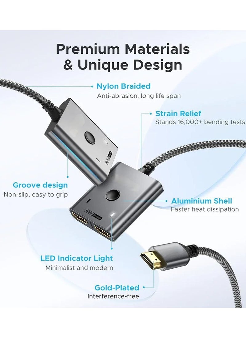 Switch 4K 60Hz 2K 144Hz Bidirectional HDMI Switcher [Aluminium Case Nylon Braided] HDMI Splitter 2 in 1 out (ONLY 1 Monitor) Compatible with TV stick Xbox PS5/4 PC.