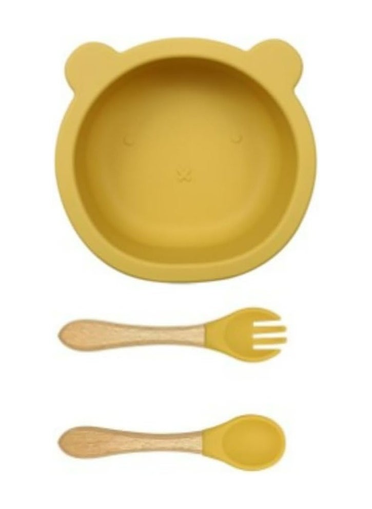 Baby Silicone Plate Bowl set with cutlery baby silicone bowl plate kids bowl plates with suction baby feeding plate bowl (Mustard)