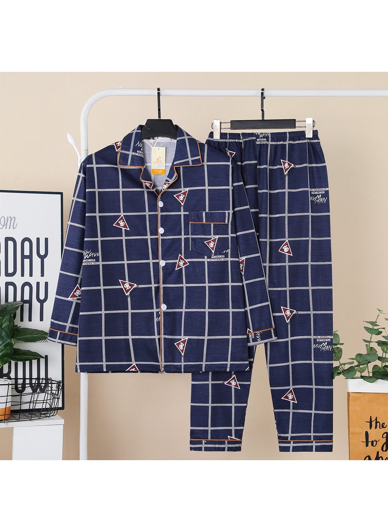 New Pajamas Mens Spring and Autumn Long-sleeved Casual Cardigan Printed Lapel Dads Summer Thin Home Suit8-28# Dark Blue 8-28# Dark Blue