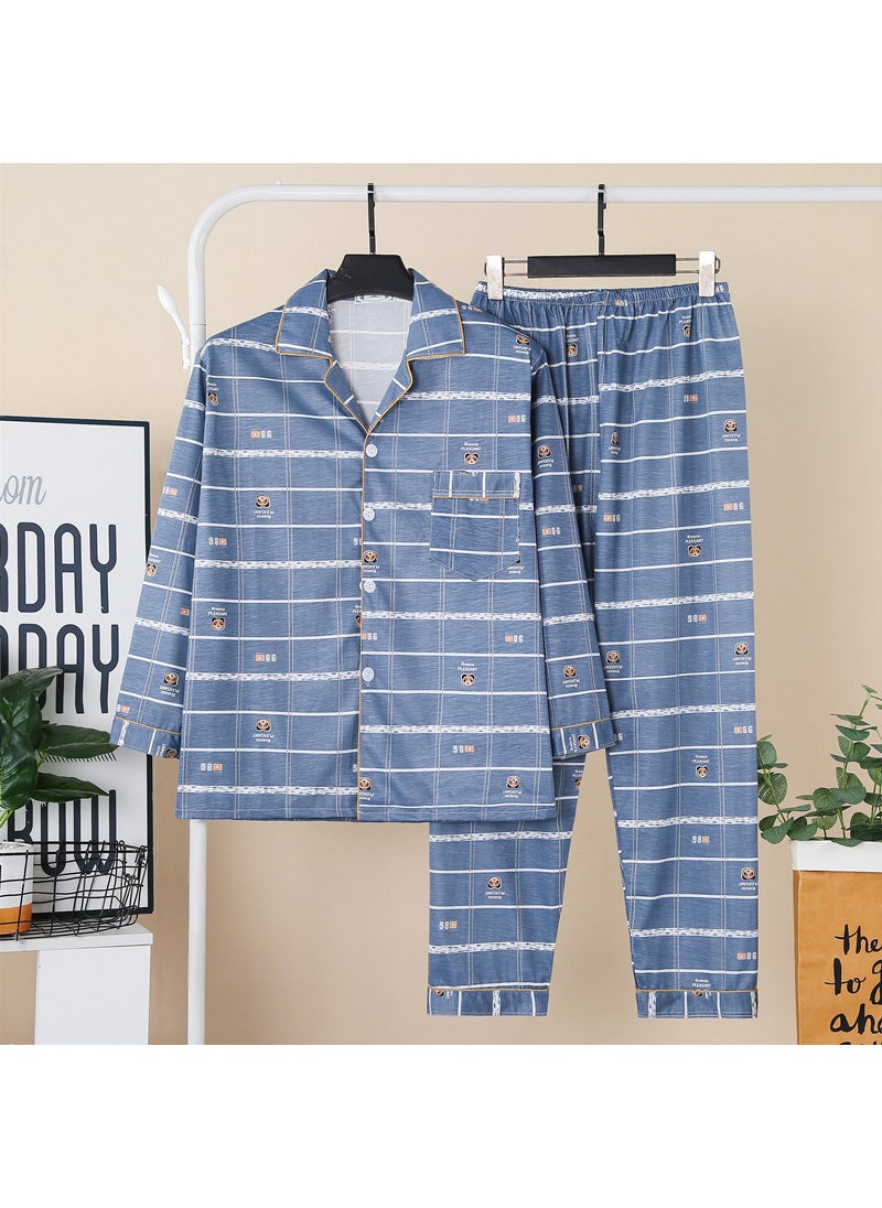 New Pajamas Mens Spring and Autumn Long-sleeved Casual Cardigan Printed Lapel Dads Summer Thin Home Suit8-27# light blue 8-27# light blue