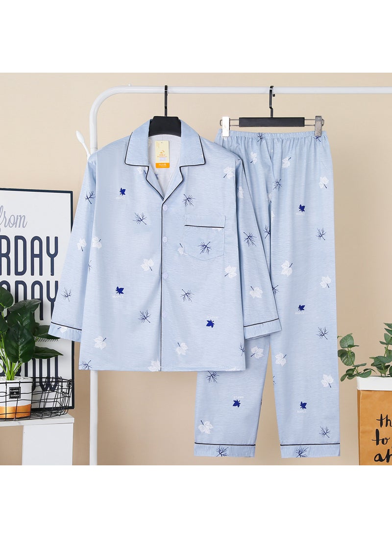 New Pajamas Mens Spring and Autumn Long-sleeved Casual Cardigan Printed Lapel Dads Summer Thin Home Suit8-22# light blue 8-22# light blue