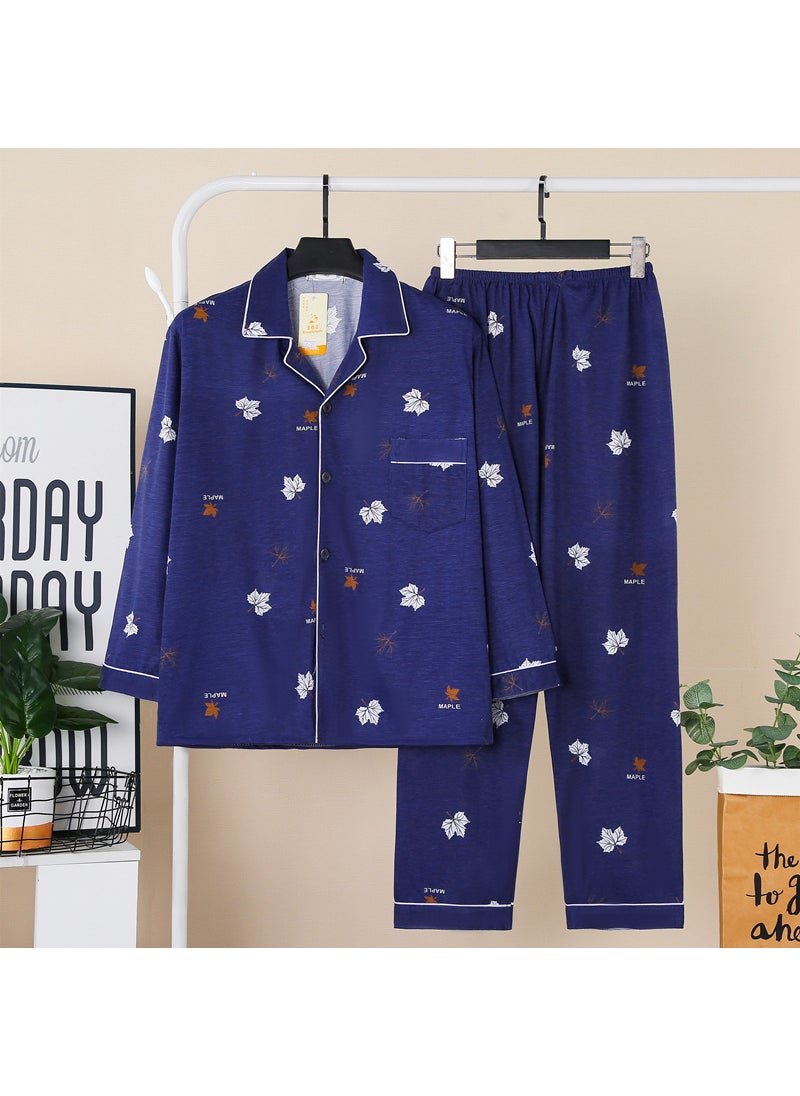 New Pajamas Mens Spring and Autumn Long-sleeved Casual Cardigan Printed Lapel Dads Summer Thin Home Suit8-22# Dark Blue 8-22# Dark Blue