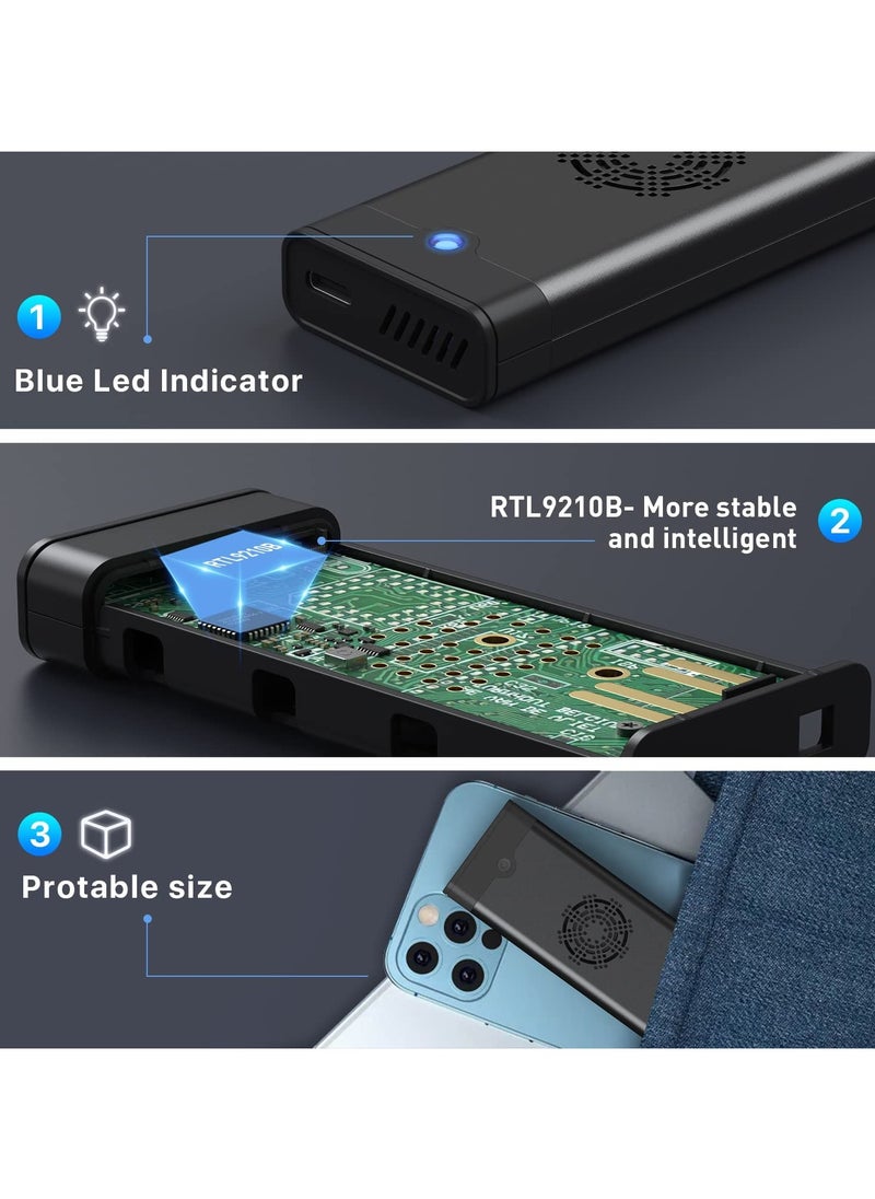 M.2 NVME SATA SSD Enclosure Adapter Reader, with Cooling Fan, Tool-Free USB C 3.1 Gen 2,10 Gbps NVME, 6Gbps SATA,Chips RTL9210B External Solid State Drive for PCIe 2280/2260/2242 M Key