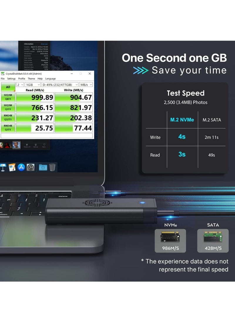 M.2 NVME SATA SSD Enclosure Adapter Reader, with Cooling Fan, Tool-Free USB C 3.1 Gen 2,10 Gbps NVME, 6Gbps SATA,Chips RTL9210B External Solid State Drive for PCIe 2280/2260/2242 M Key