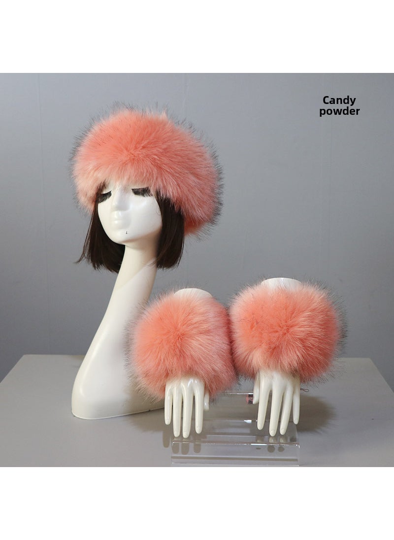 Faux Fur Hat and Cuff Set for WomenCandy powder (cap + sleeve) Candy powder (cap + sleeve)