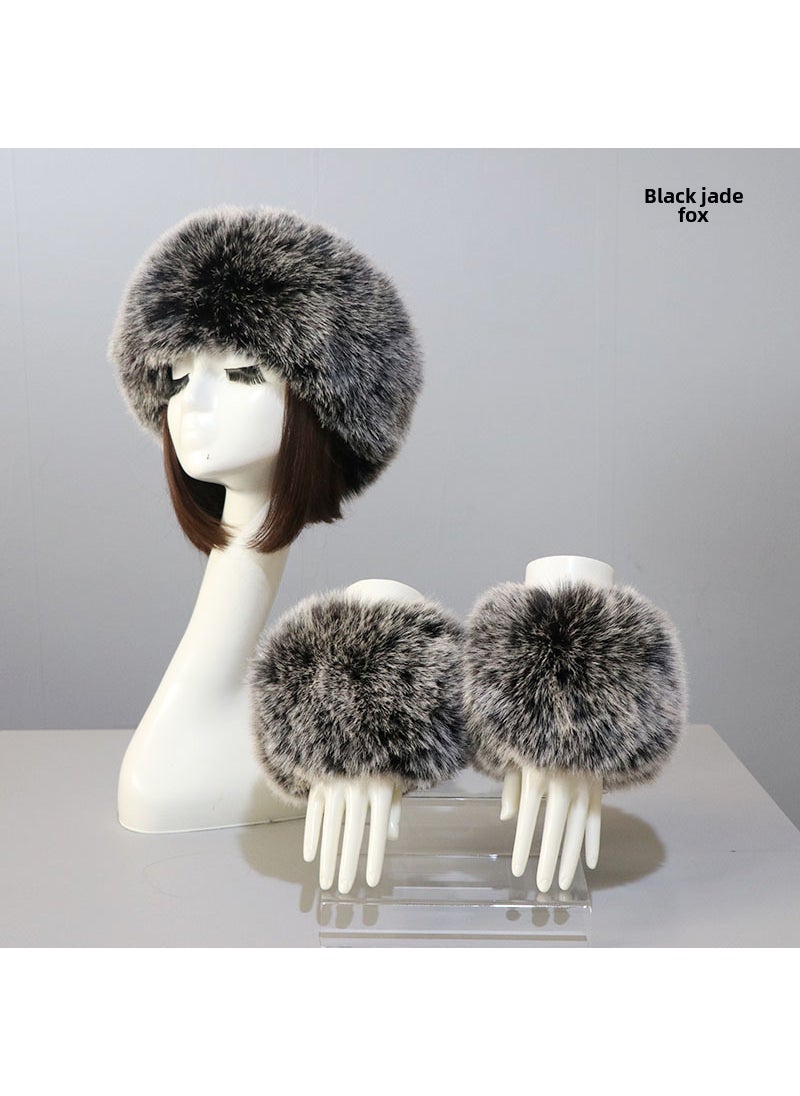 Faux Fur Hat and Cuff Set for WomenBlack Jade Fox (cap + sleeve) Black Jade Fox (cap + sleeve)