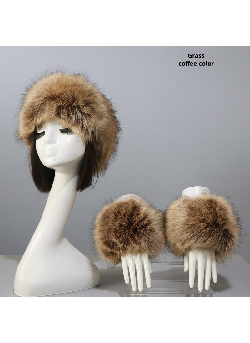 Faux Fur Hat and Cuff Set for WomenGrass Curry color (cap + sleeve) Grass Curry color (cap + sleeve)