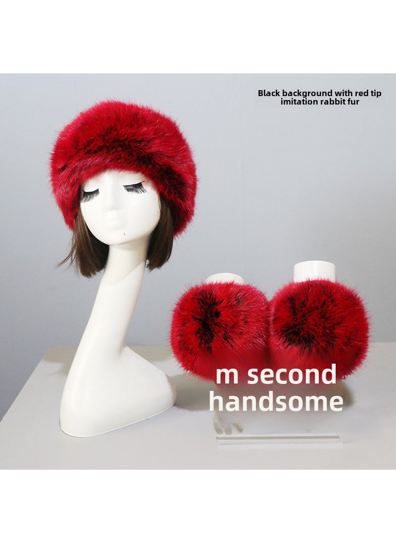 Faux Fur Hat and Cuff Set for WomenBlack background red tip imitation rabbit hair (cap + sleeve) Black background red tip imitation rabbit hair (cap + sleeve)