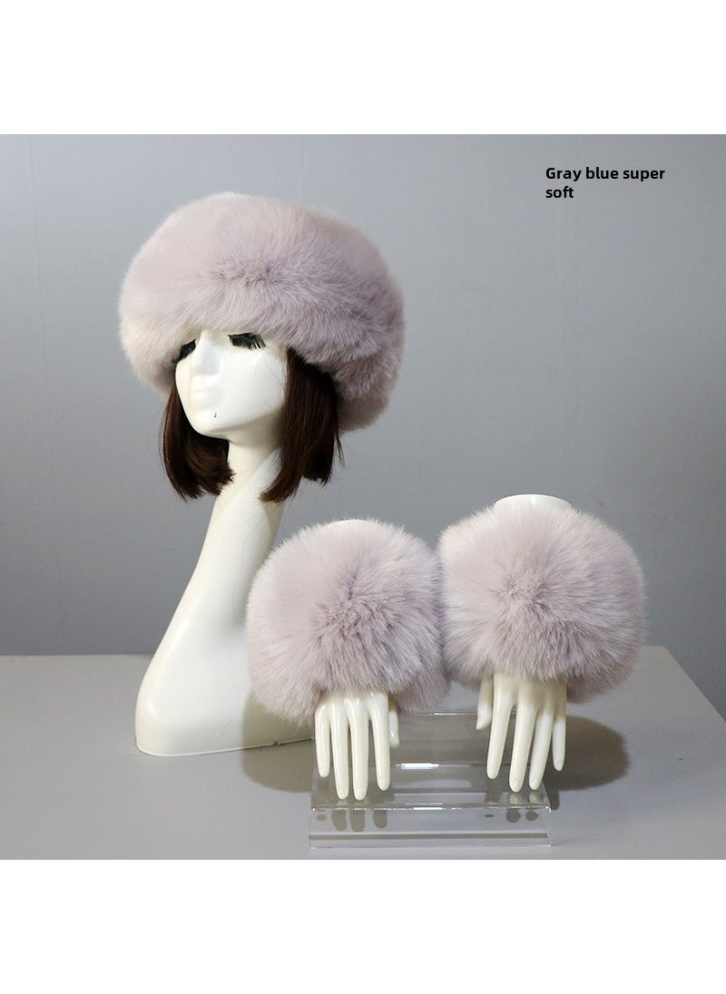 Faux Fur Hat and Cuff Set for WomenGray blue super soft (cap + sleeve) Gray blue super soft (cap + sleeve)