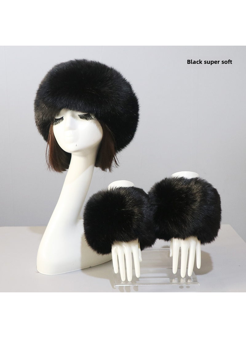 Faux Fur Hat and Cuff Set for WomenBlack super soft (cap + sleeve) Black super soft (cap + sleeve)