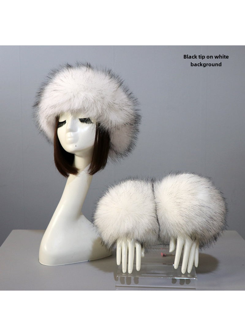 Faux Fur Hat and Cuff Set for WomenBlack tip on white background (cap + sleeve) Black tip on white background (cap + sleeve)