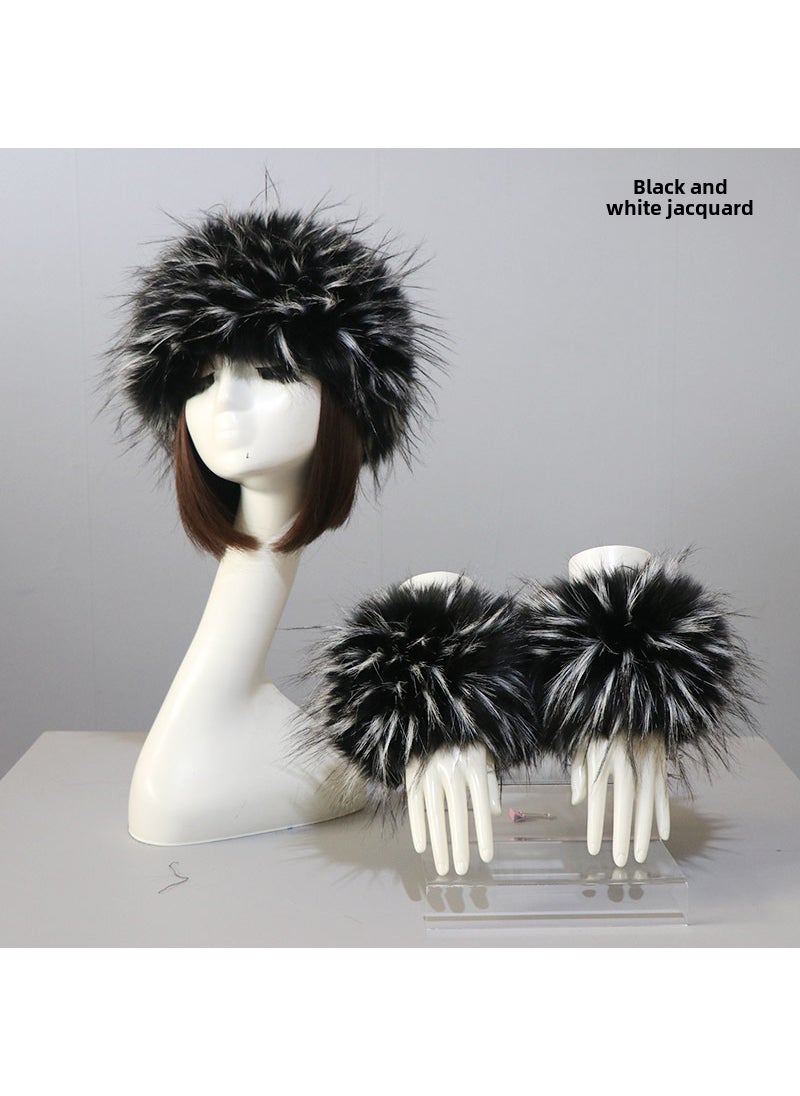 Faux Fur Hat and Cuff Set for WomenBlack and white jacquard (cap + sleeve) Black and white jacquard (cap + sleeve)