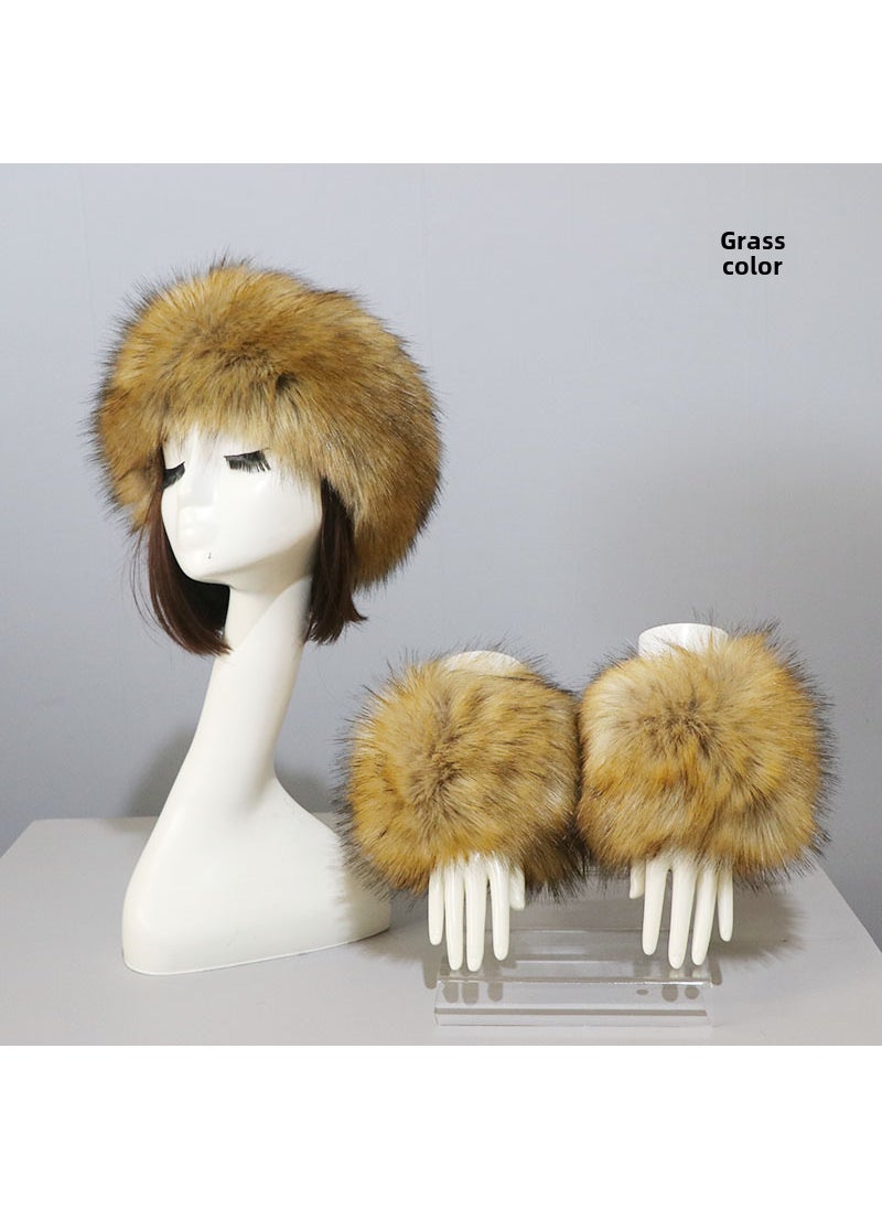 Faux Fur Hat and Cuff Set for WomenGrass color (cap + sleeve) Grass color (cap + sleeve)