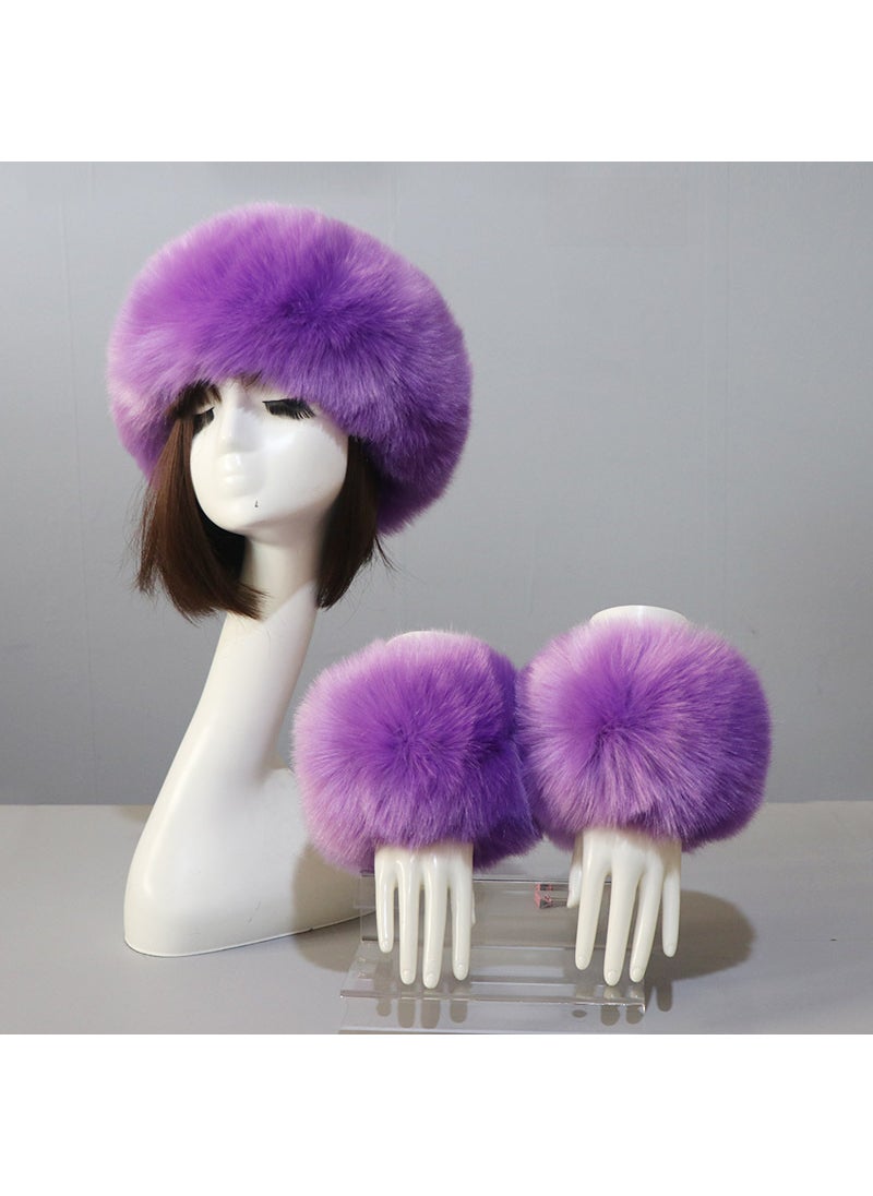 Faux Fur Hat and Cuff Set for WomenViolet (Cap + Sleeve) Violet (Cap + Sleeve)