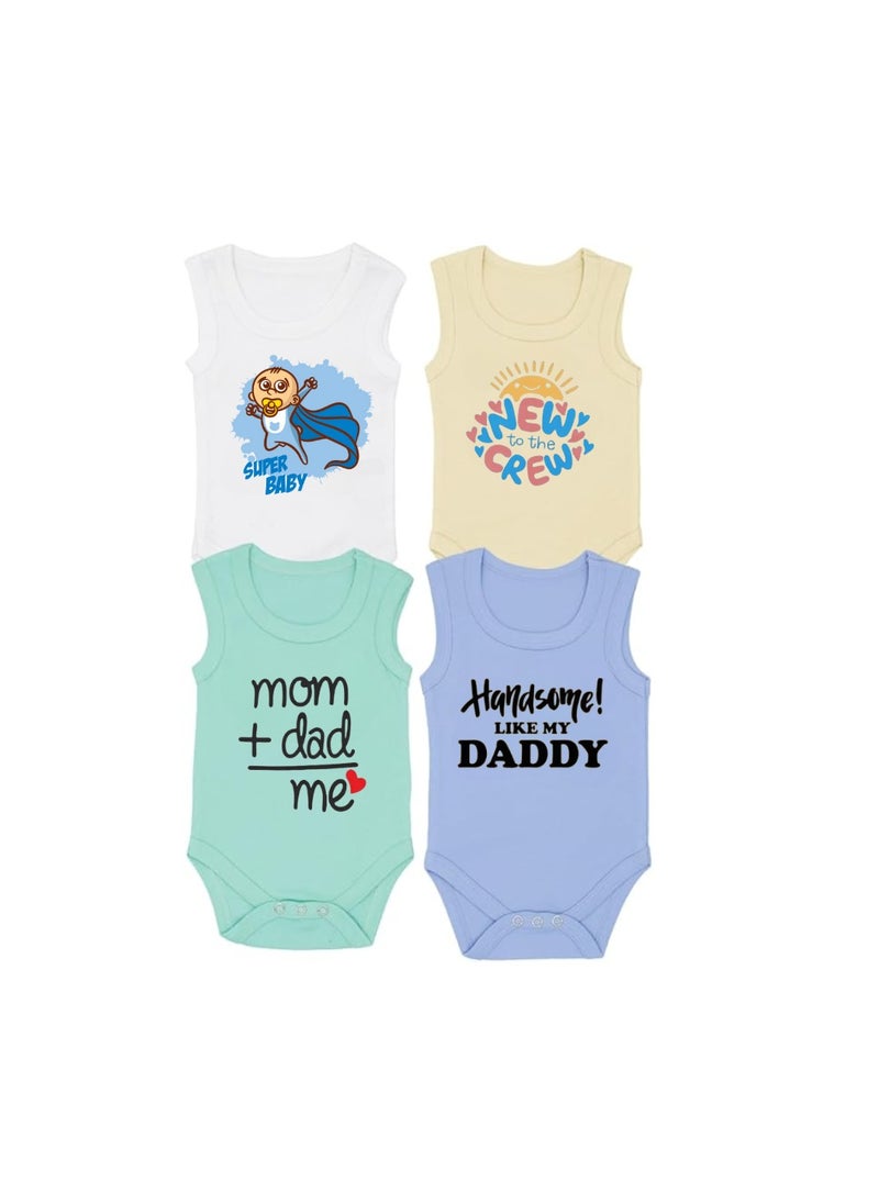 Sleeveless Baby Romper Set For Boys-Pack Of 4 Soft Cotton Rompers-Cute Outfits For Newborns And Toddlers With Snap Closure-Gift For Baby Boys