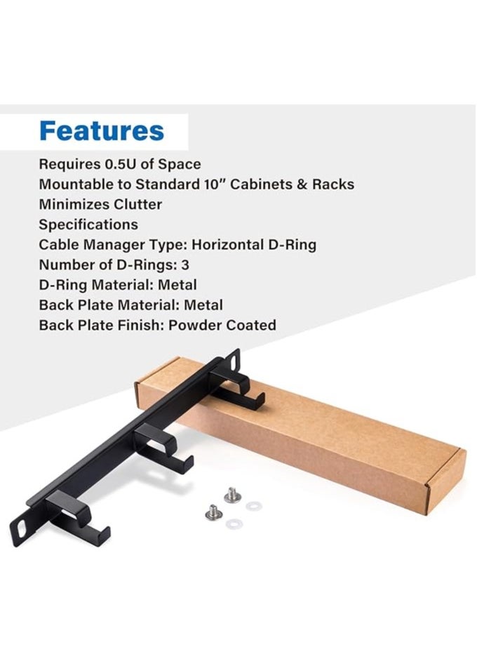 0.5U Metal Horizontal Rackmount Cable Manager with 3 D-Ring Hooks – 10 Inch Server Rack Cable Management Panel for DeskPi Rackmate T1