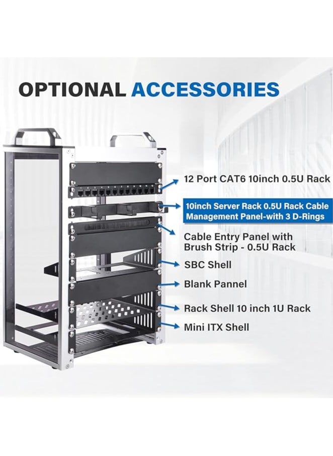 0.5U Metal Horizontal Rackmount Cable Manager with 3 D-Ring Hooks – 10 Inch Server Rack Cable Management Panel for DeskPi Rackmate T1