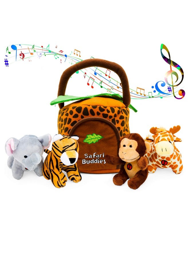 Plush Jungle Animals Toy Set (5 Pcs) With Carrier For Kids;Stuffed Monkey Giraffe Tiger & Elephant;Great For Boys & Girls