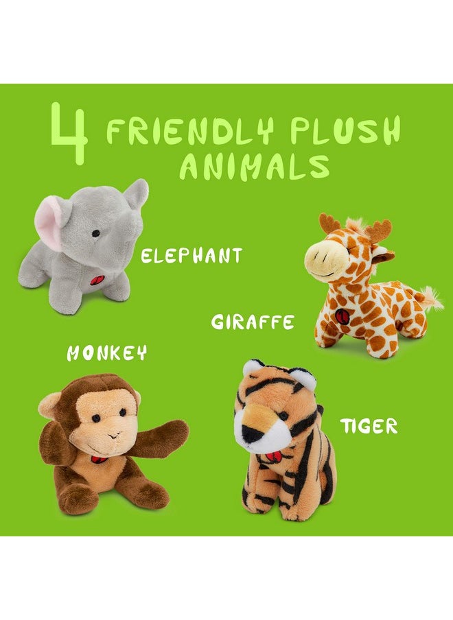 Plush Jungle Animals Toy Set (5 Pcs) With Carrier For Kids;Stuffed Monkey Giraffe Tiger & Elephant;Great For Boys & Girls