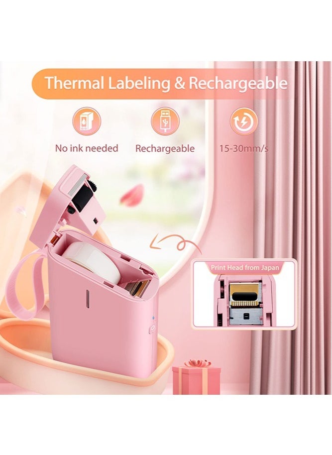 D11 Portable Bluetooth Sticker Label Printer with 1 Roll 12*40mm White Tape, USB Rechargeable, Inkless Thermal Label Maker with 10-15mm Print Width, Ideal for Home and Small Business Supplies, Pink